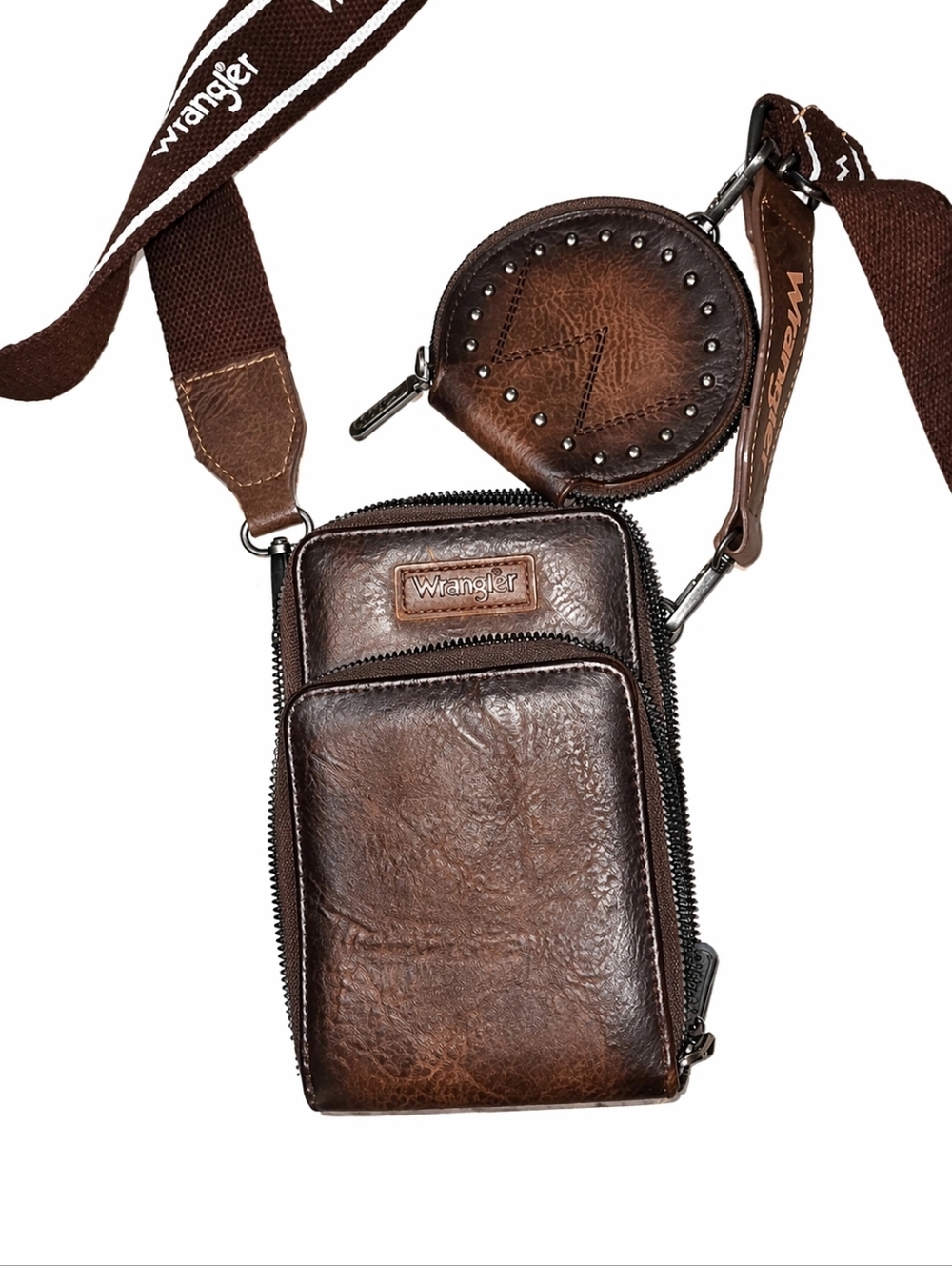 Wrangler Dark Brown Leather Crossbody Phone Bag with Coin Pouch